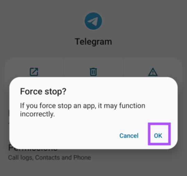 Buộc dừng Telegram và mở lại